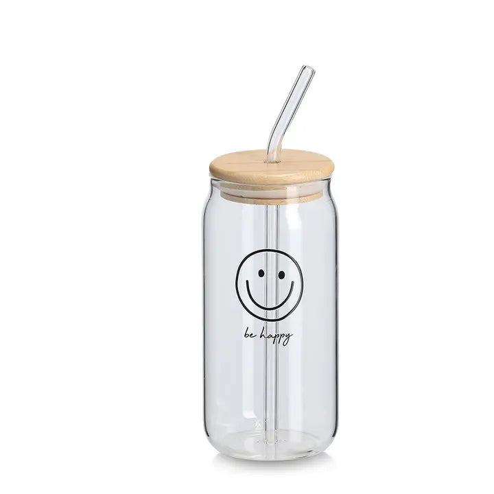 Trinkglas mit Deckel "be happy"