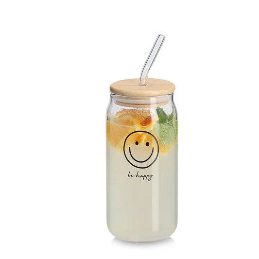 Trinkglas mit Deckel "be happy"