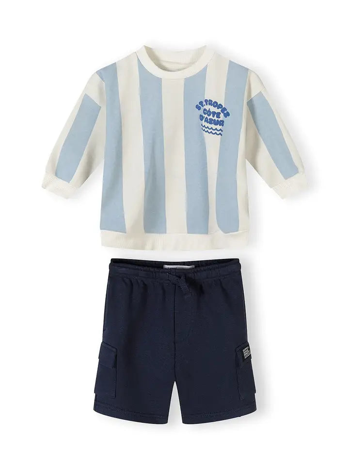 Sweatshirt- und Shorts-Set, gestreift, blau-weiß
