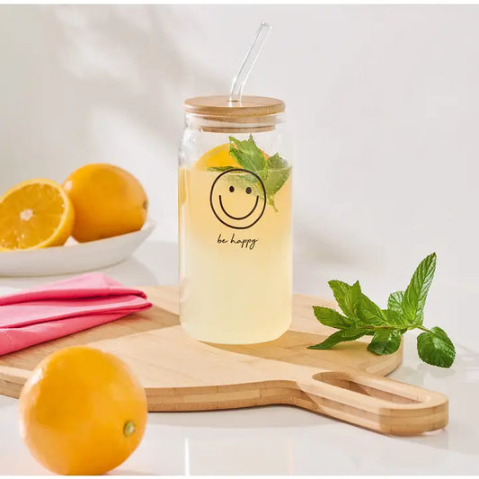 Trinkglas mit Deckel "be happy"