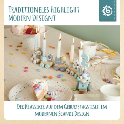 Geburtstagszug Holz inkl. 6 Kerzen blau